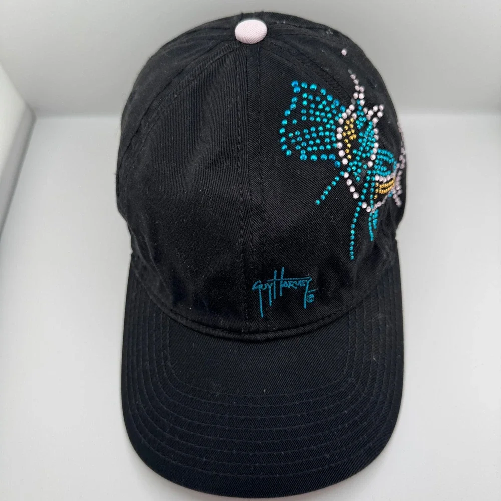Guy Harvey Baseball Cap Women OSFA Black Pink Good Rhinestone Marlin Nautical